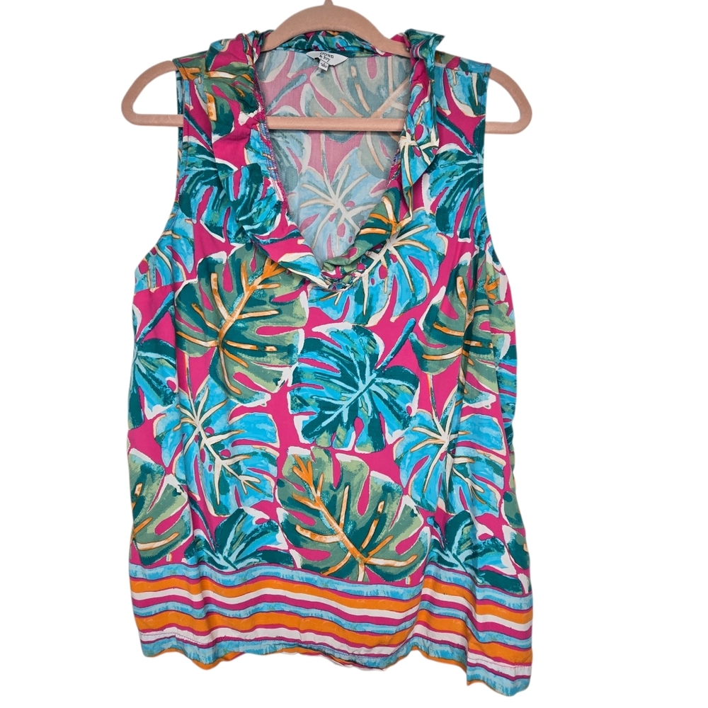 crown & ivy Tropical Leaf Ruffle Tank in Hot Pink & Teal